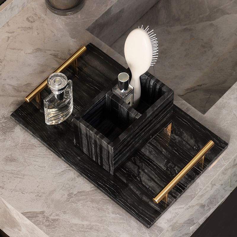 欧式带把手大理石托盘浴室洗漱牙具护肤品收纳家居摆饰香薰置物架