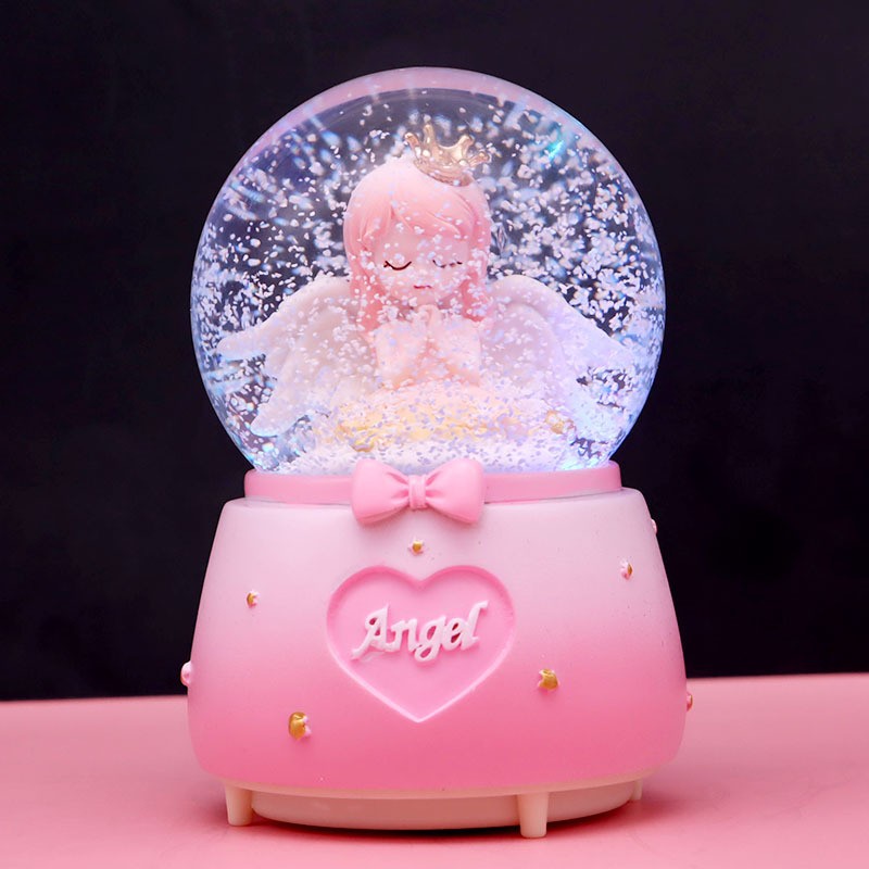 彩灯飘雪花旋转皇冠天使少女玻璃水晶球音乐盒女孩儿童生日礼品