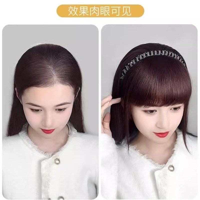 真发水钻发箍刘海一体头顶补发片遮白发假发女片头顶碎齐刘海假发