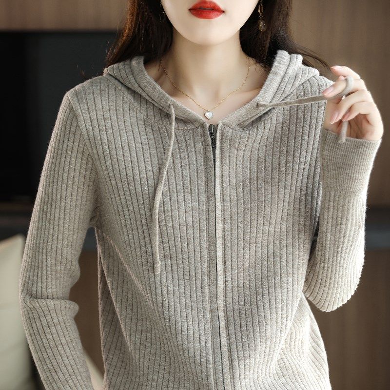 秋季新款连帽长袖拉链针织开衫女短外套毛衣修身短款外搭帽衫卫衣