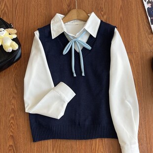 v领无袖 少女针织衫 毛衣 马甲背心毛衣JK制服宽松基础款 花狸酱套装