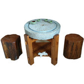 老石器旧石磨茶台老式 家用老石磨碾盘木架流水茶桌庭院复古石磨桌