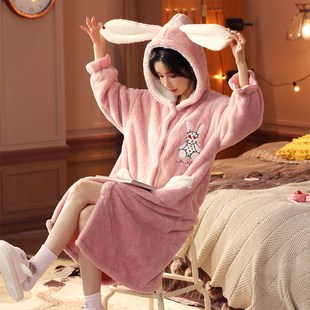兔子珊瑚绒睡衣女冬2023年新款加绒加厚浴袍法兰绒大码200斤睡袍