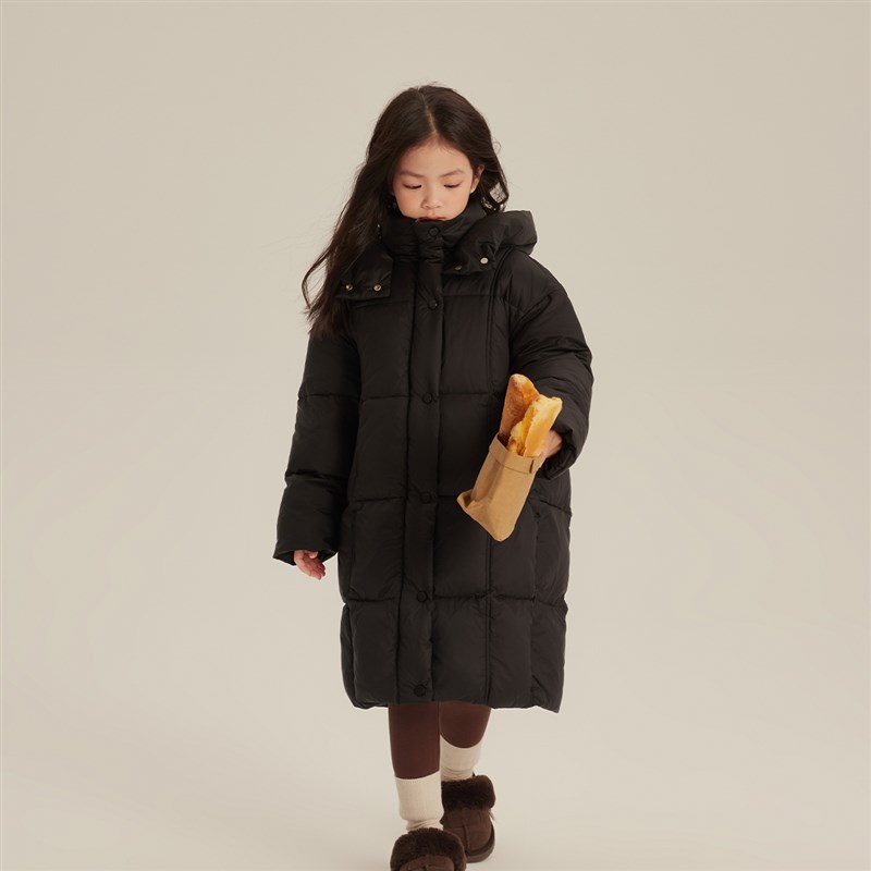 沫沫童装女童洋派冬装2023新款冬季儿童中长版黑色加厚羽绒服外套