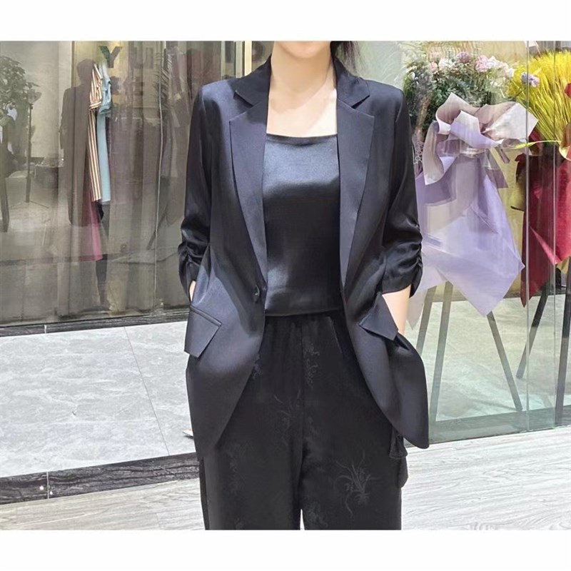 2024秋季百搭薄款真丝一粒扣休闲西装外套七分袖白黑粉绿黄玫红蓝