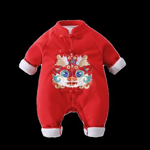 婴儿衣服秋冬新款薄棉满月服抓周礼服宝宝连体衣夹棉红色过年喜庆