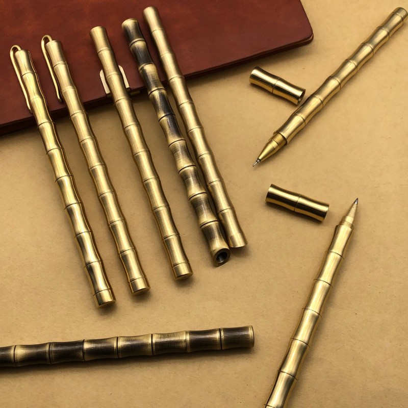 铜竹节铜笔商务签字笔定制刻字学生用全金属笔杆中性笔礼品黄铜笔