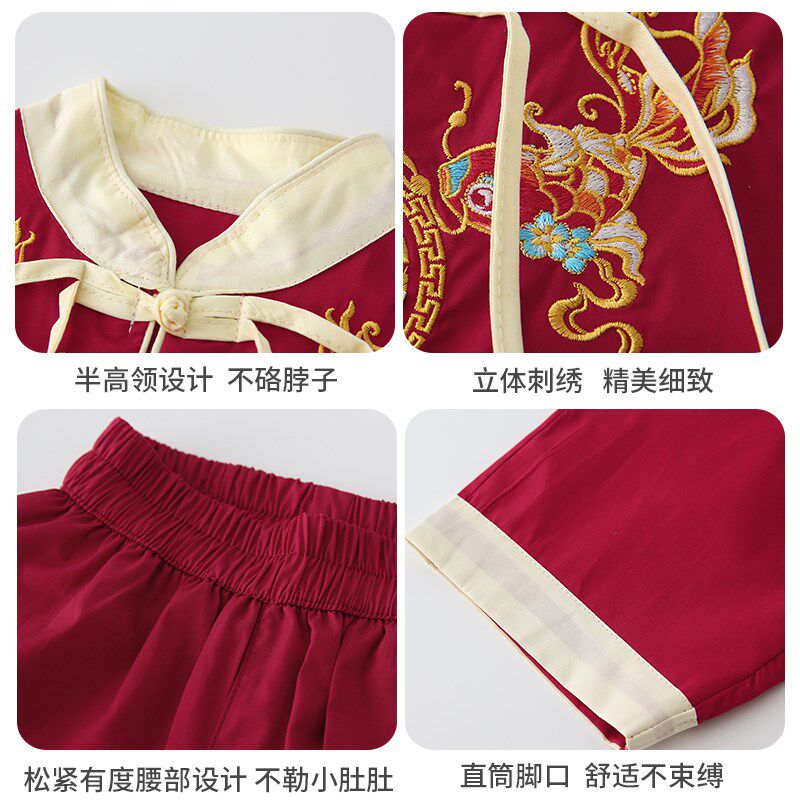 新中式汉服男童唐装红色宝宝周岁礼服儿童古装国风长袖套装春秋季