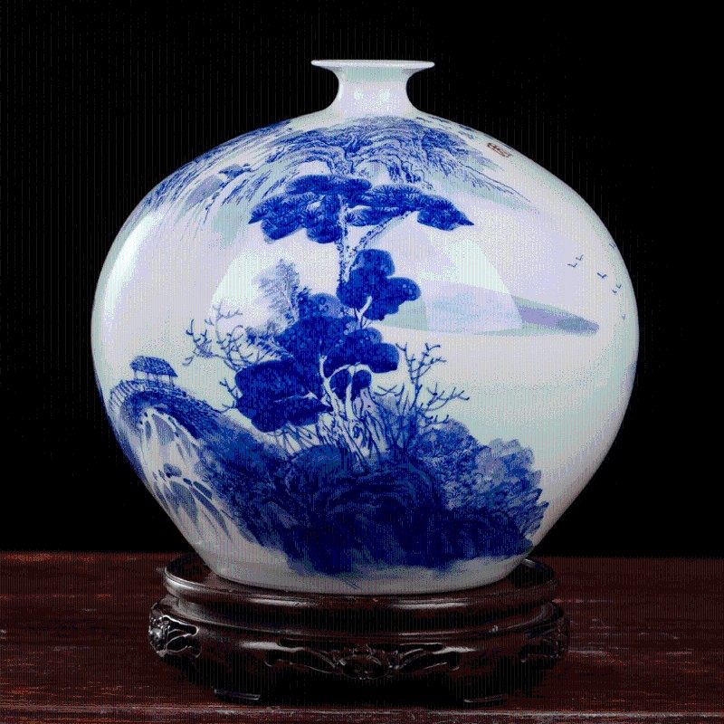 景德镇陶瓷器手绘青花瓷花瓶石榴瓶山水画仿古中式客厅博古架摆件