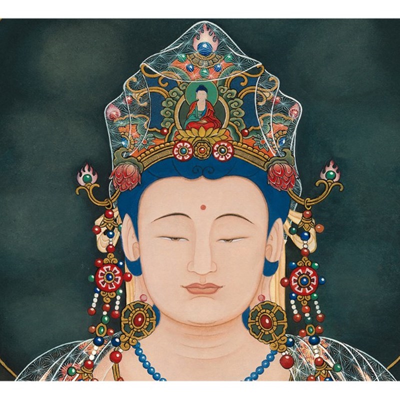 近代水月观音坐像菩萨画像工笔佛画高清艺术微喷复制装饰画画心