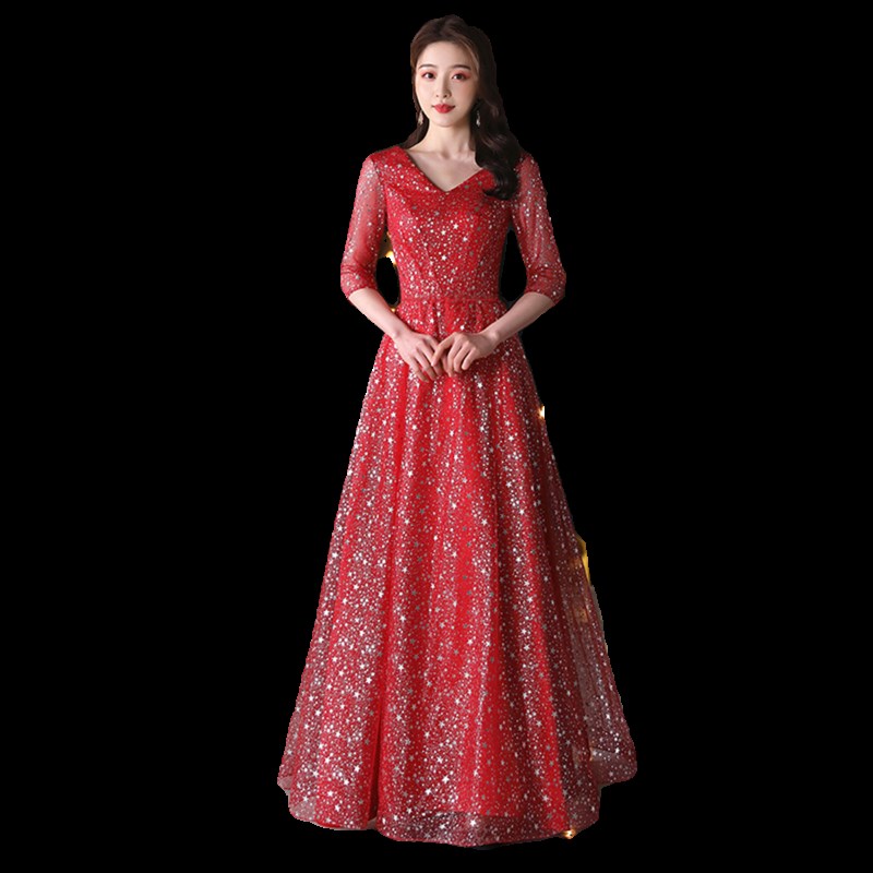 红色星空大合唱演出服女长裙主持人歌唱祖国独唱表演舞台指挥礼服