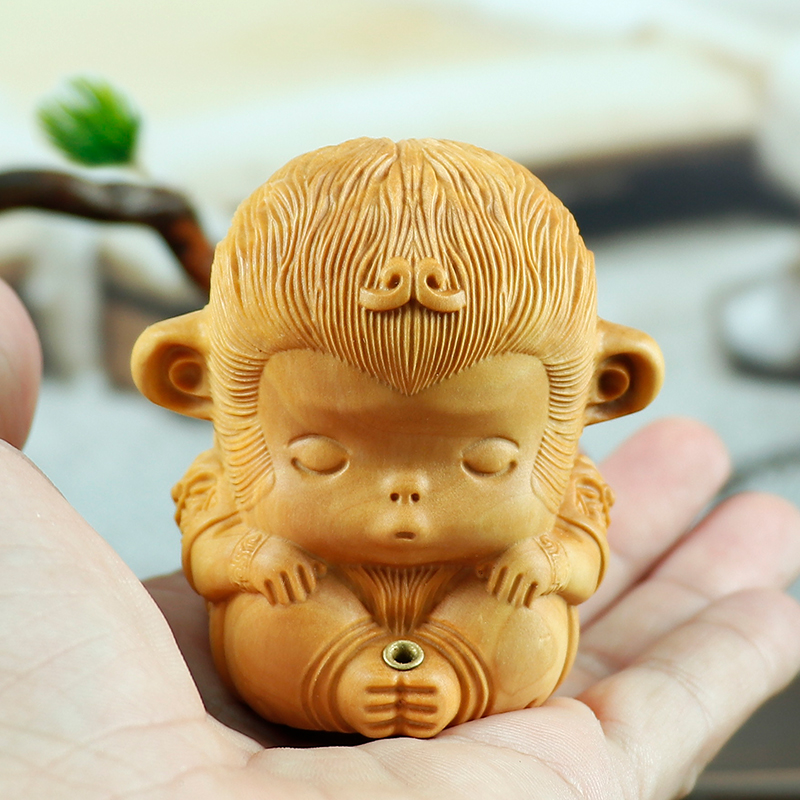 木雕手把件实木神兽动物黄杨木雕刻悟空香插中式茶室香道配件摆件