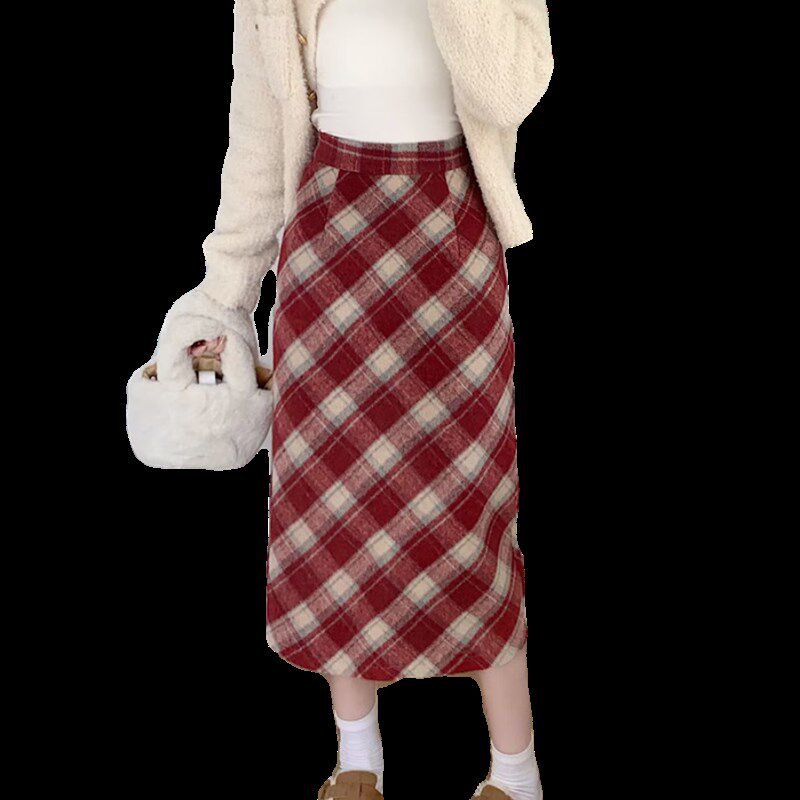 大码格子毛呢半身裙今年流行红色中长裙女秋冬胖MM松紧腰包臂长裙