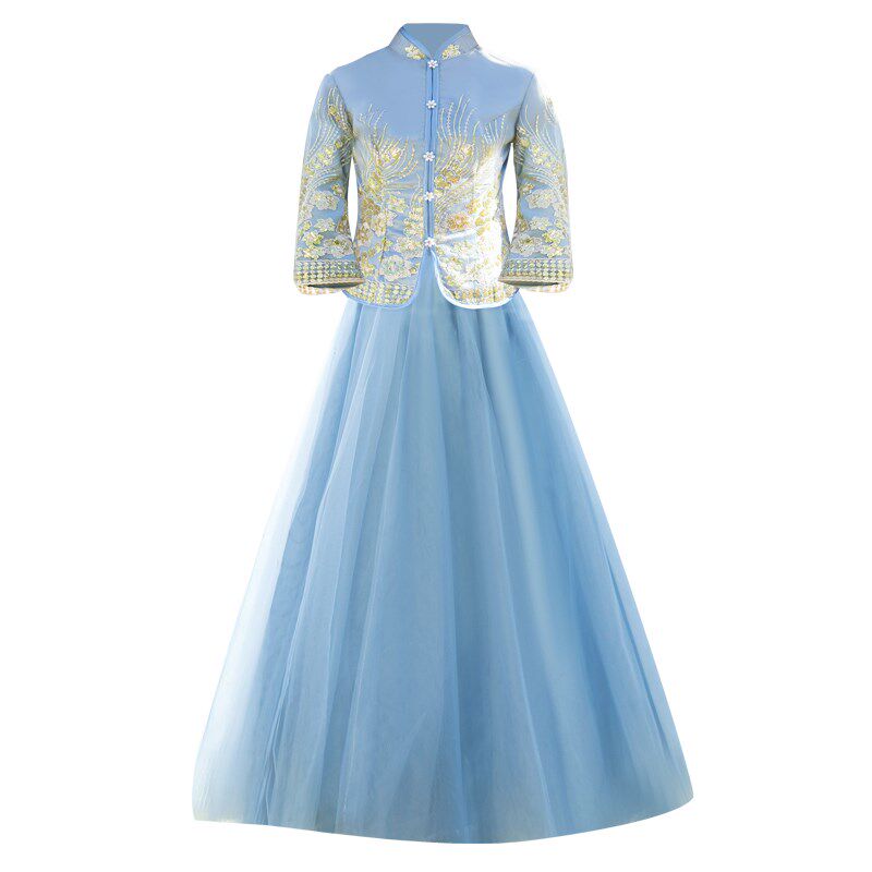 中式伴娘服姐妹团装2024秋冬新款蓝色礼服女中国风大码胖mm姐妹裙