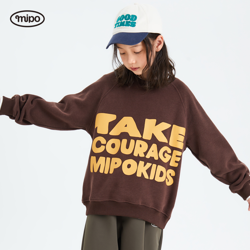 mipo AW23冬装 亲子装男童卫衣加绒加厚2023新款女童圆领上衣美式