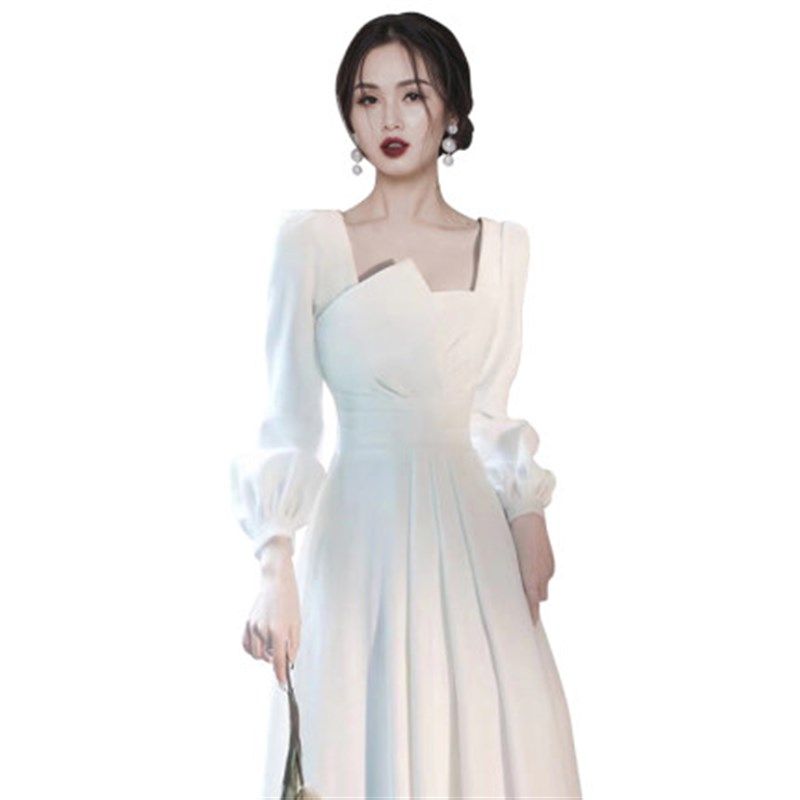 白色小晚礼服裙女领证登记小白裙轻奢毕业主持长袖订婚连衣裙日常