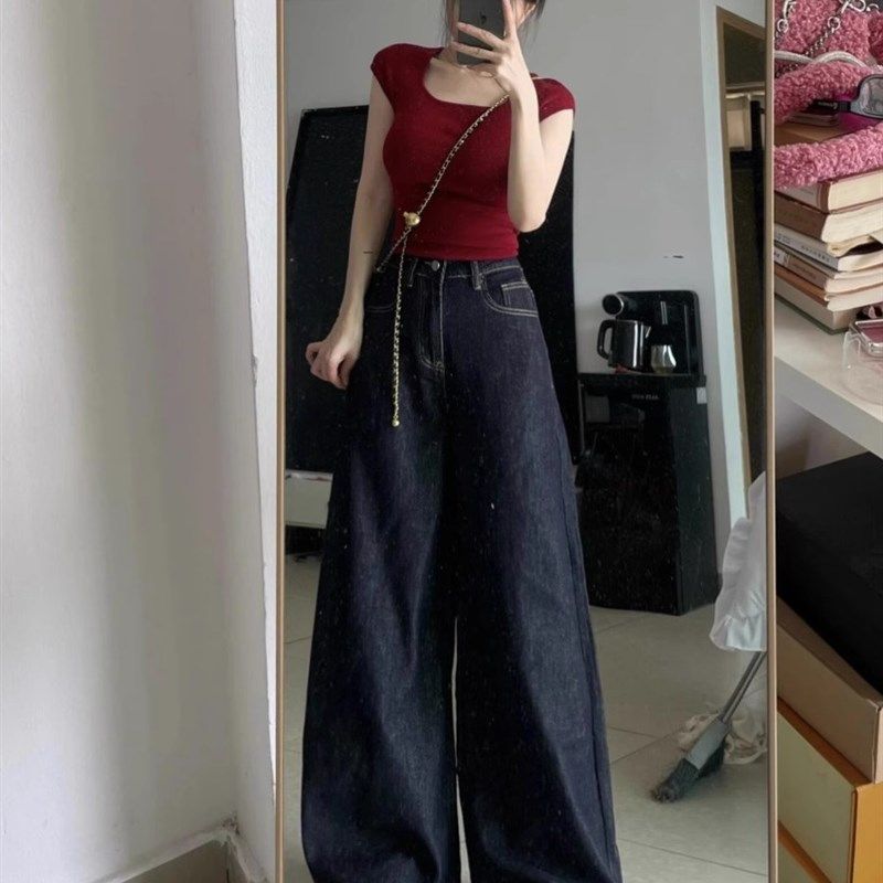 美式深蓝色阔腿牛仔裤女夏季薄款复古高腰宽松显瘦垂感拖地直筒裤