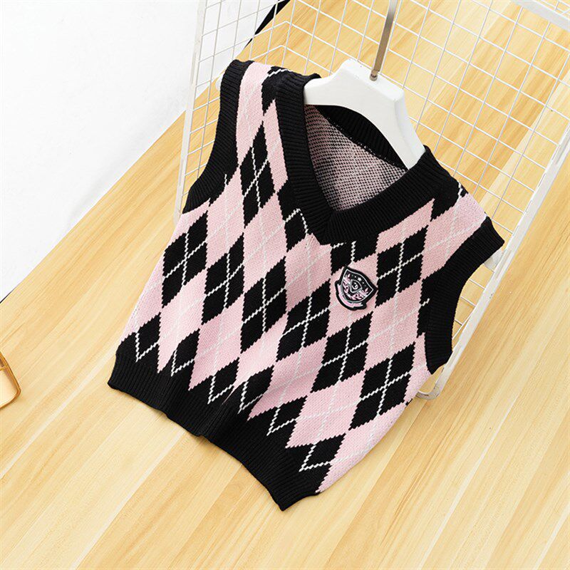 学院风jk菱格针织马甲女春秋新款洋气短款外搭叠穿背心毛衣小个子