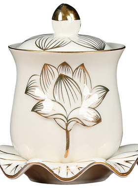 供水杯白浮雕描金莲花供水杯家用佛前供水杯陶瓷供财神观音供水杯