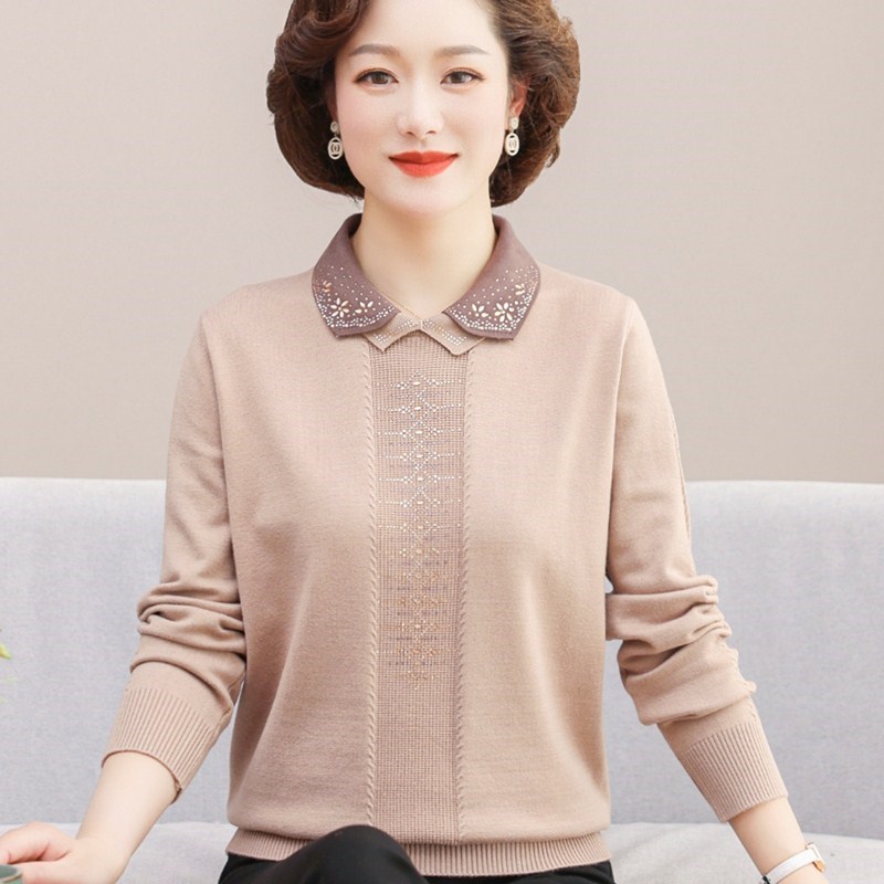 洋气妈妈春装新款针织衫翻领毛衣中老年人女装春秋高贵打底羊毛衫