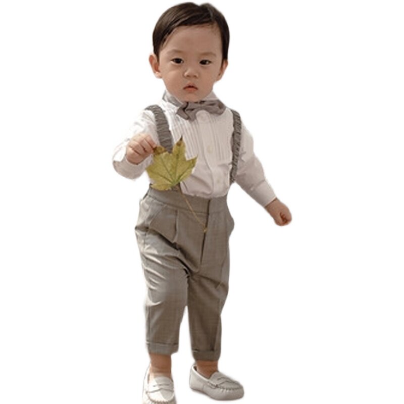 小花童礼服男宝宝西服一周岁生日宴英伦风儿童背带裤套装男童春秋