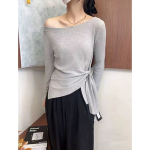 一字肩长袖t恤女秋季高级小众不撞款收腰显瘦独特漂亮上衣