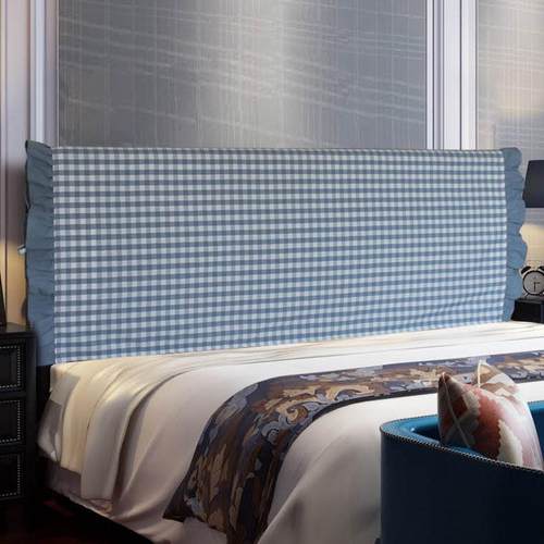 床头套北欧风格方格子加厚夹棉防撞头布艺软包侧开系带花边床头罩
