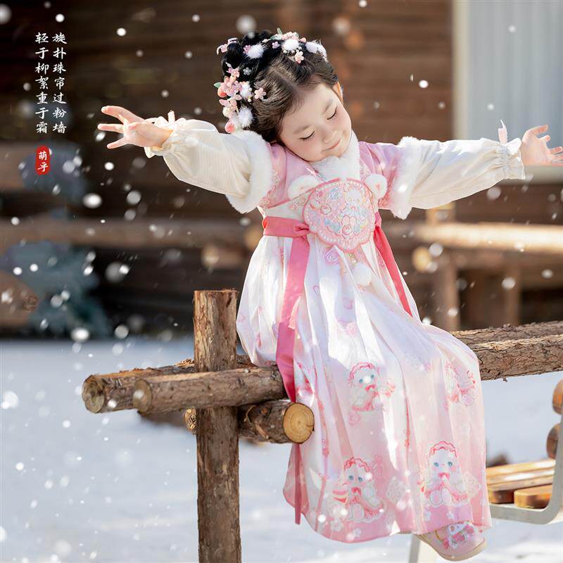 汉服女童冬款2025新款儿u童高端仙气可爱兔子加绒连衣裙女孩公主