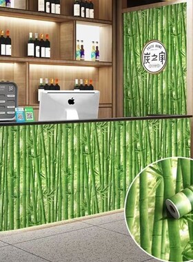 自粘pvc绿色柱子翠绿墙贴 茶楼森林中式餐厅过道玄关大自然壁纸