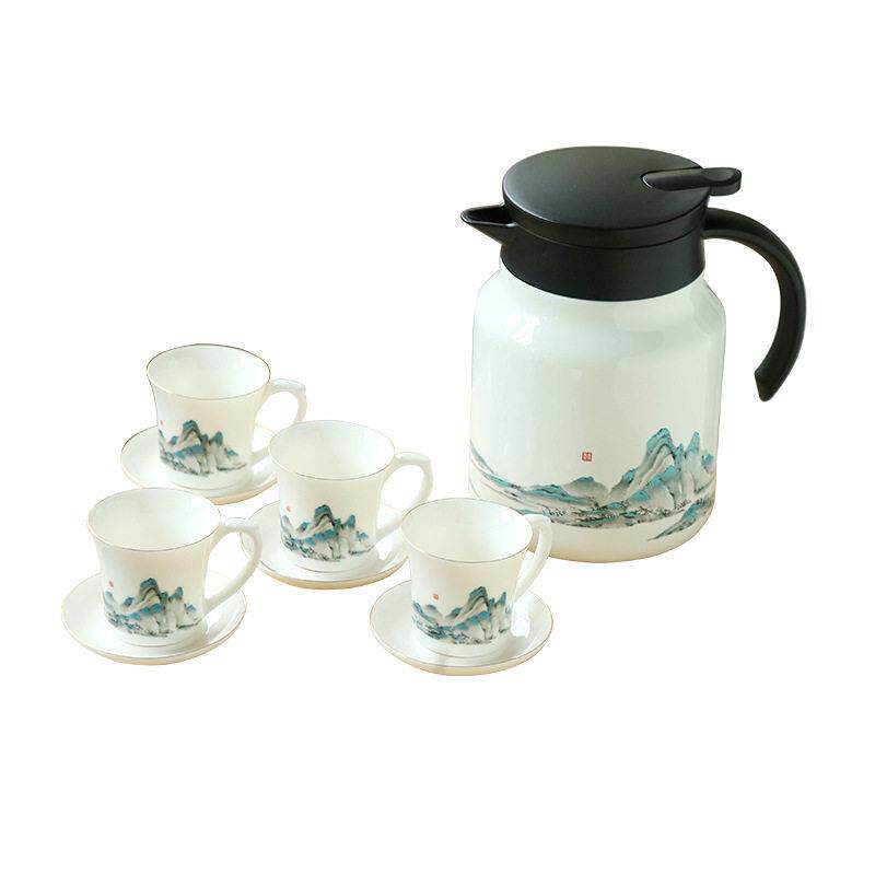中式白瓷千里江山焖泡茶壶四杯组合礼品套装焖茶壶保温壶茶水分离