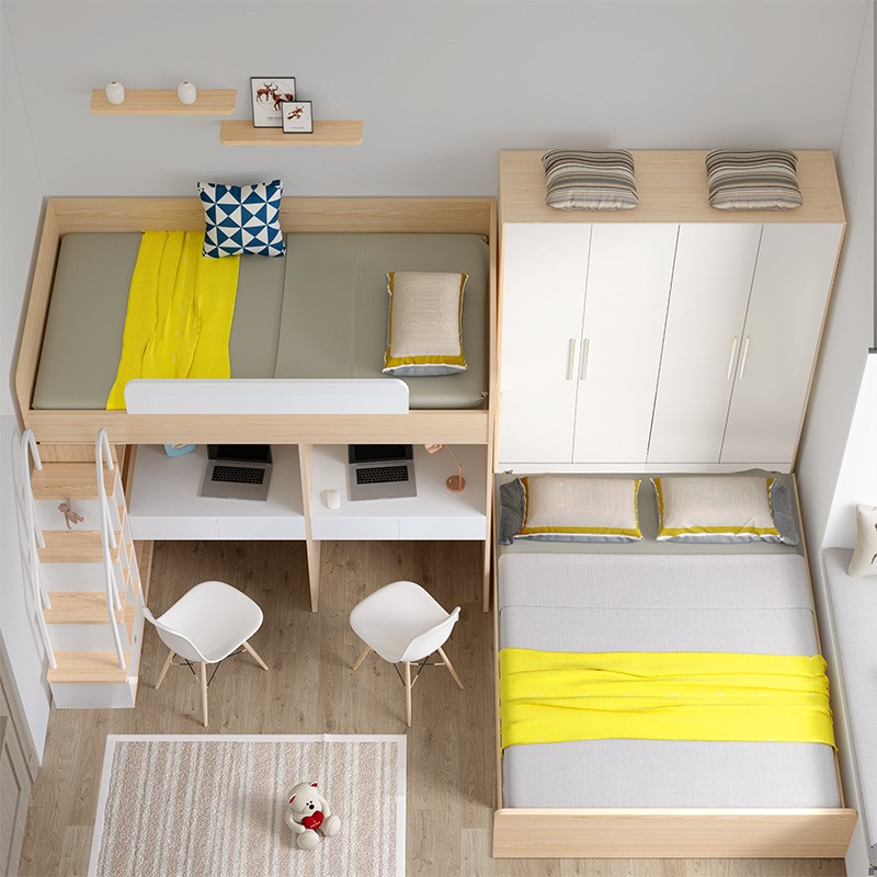 儿童整体设计床上下床一体床多功能组合交错式小户型衣柜双层子母
