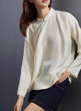 【萄禧】斜门襟立领温柔奶杏色衬衫上衣女长袖衬衫女WTZ23096