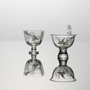 家用主人杯闻香品茗杯个人单杯 鱼戏松鹤耐热玻璃高足功夫茶杯中式