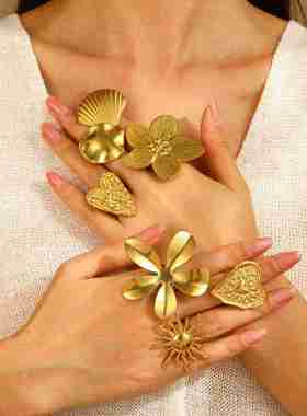 欧美夸张个性褶皱纹理花朵太阳爱心开口指环食指戒 不锈钢戒指女