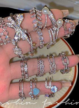 ins风珍珠锆石蝴蝶戒指女小众高级感轻奢情侣对戒气质开口戒