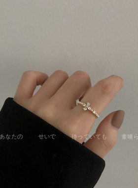 珍珠锆石戒指女小众设计个性百搭食指戒叠戴食指指环开口可调节