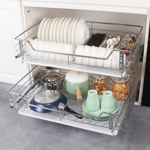 纳童橱柜拉篮批发不锈钢双层阻尼缓冲导轨抽屉式 碗碟架拉蓝304