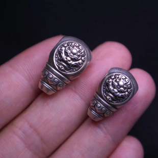 925纯银双面兽面狮子一体三通文玩银饰佛珠配件diy菩提百香籽配件