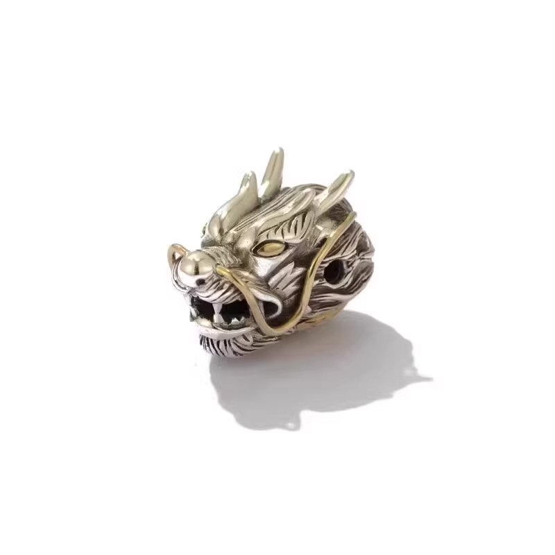 s925纯银霸气龙头三通纯手工银制品佛头菩提手串项链diy文玩配饰