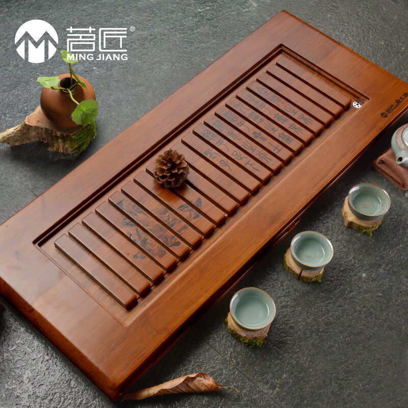 茗匠茶具乌金石重竹茶盘设计师款实木茶海排水式茶台小号茶托盘