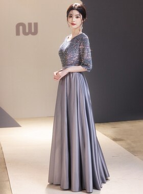 大合唱团演出服女长裙钢琴演奏指挥服装灰色亮片主持人超闪晚礼服