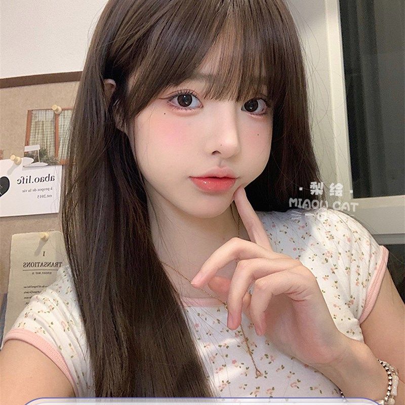 一口喵假发女网红日常长直发齐浏海夏季新款甜美可爱逼真全头套式
