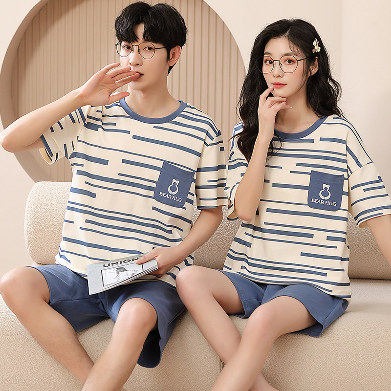 情侣睡衣女夏季短袖短裤简约纯棉男士家居服宽松加大码两件套装