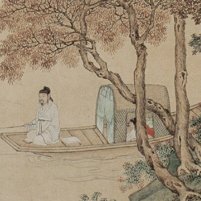 1:1明 仇英 枫溪垂钓图临摹画稿 微喷打印山水画原大临摹范本底稿