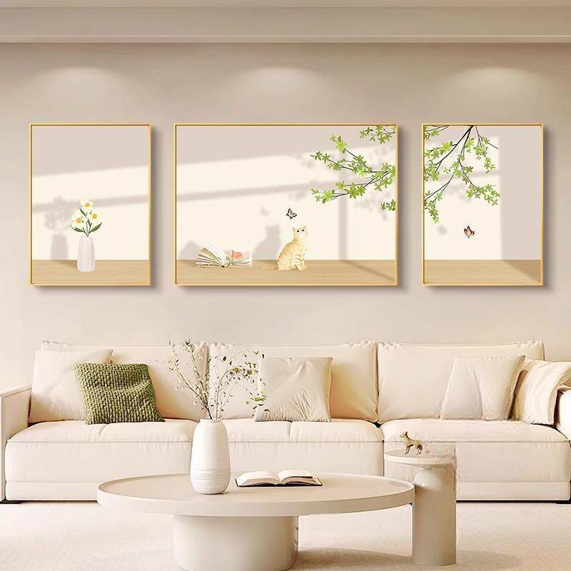 北欧绿植客厅装饰画小清新奶油风三联墙壁画高级感沙发背景墙挂画