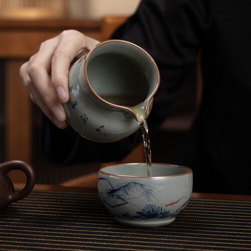 景德镇老陶泥公杯 纯手绘牡丹分茶器 柴窑烧茶具冰裂釉公道杯匀杯