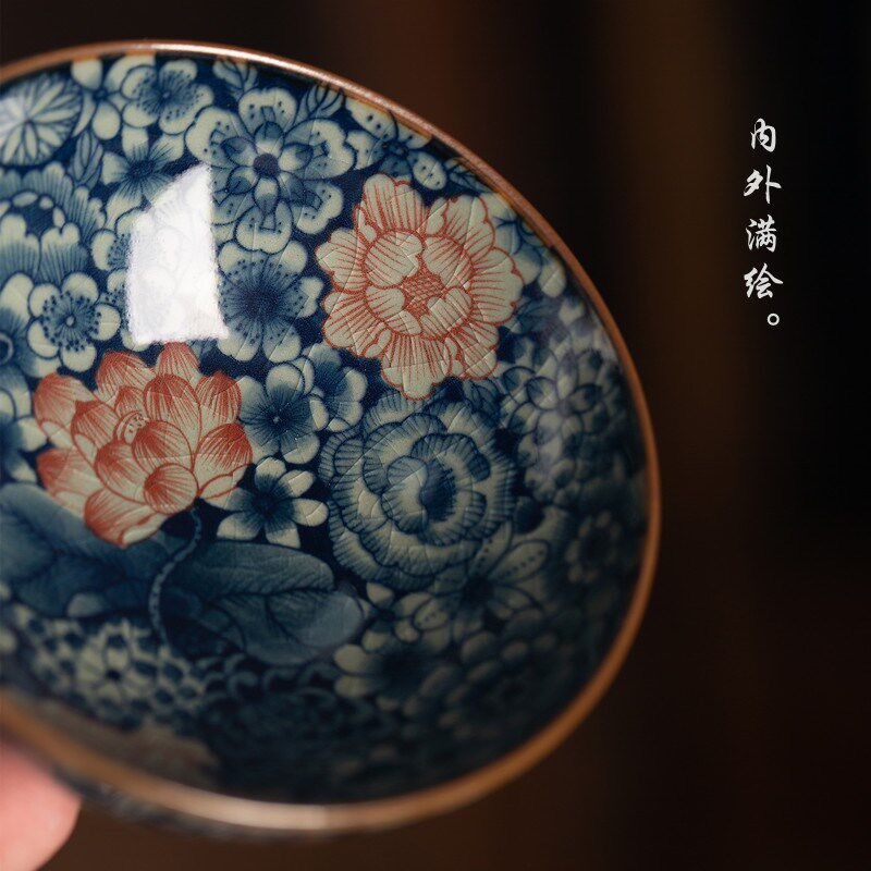 名悟柴窑老陶泥复古主人杯手绘青花万花满工普洱杯高档茶碗卧足杯