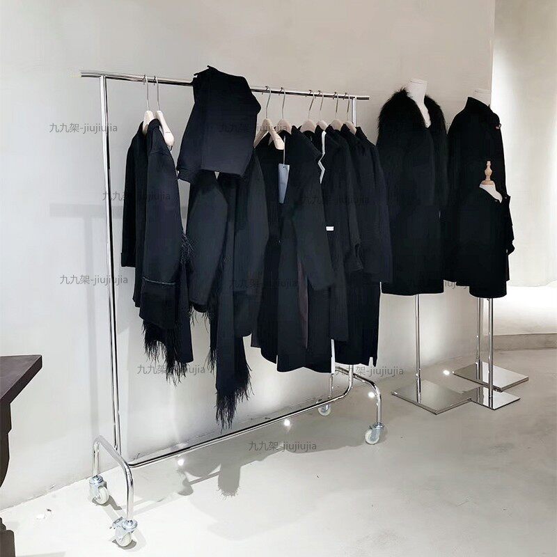 服装店展示架带轮子不锈钢金色中岛陈列侧挂落地式网红女装店货架