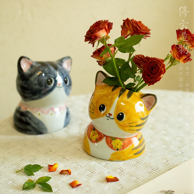 观瓷 猫形插花花器创意手绘陶瓷花瓶景德镇手工可爱歪头猫咪摆件