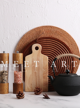 新中式样板间厨房台面饰品 实木砧板餐板蛋糕托盘 软装饰品组合